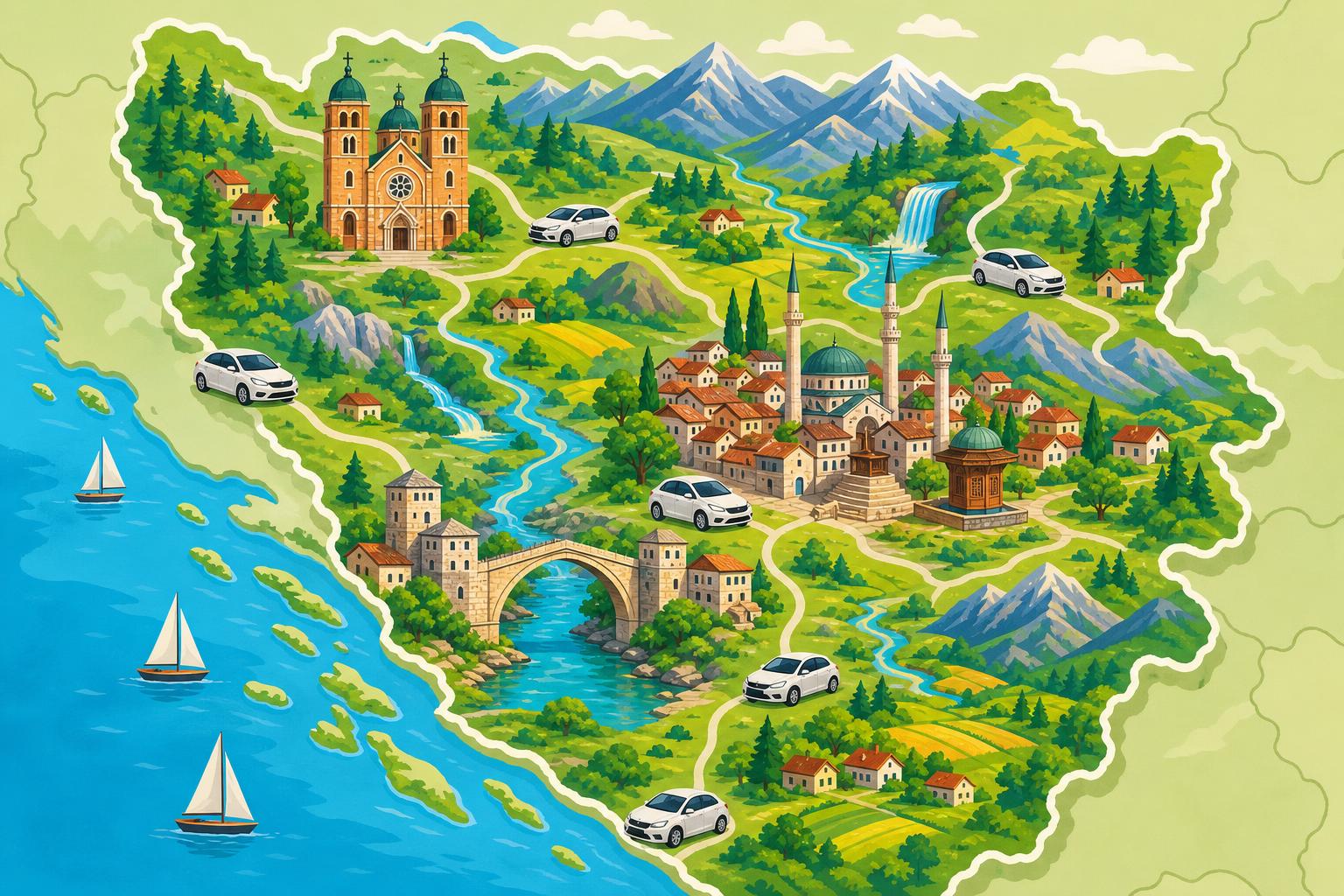 Illustrated map of car hire locations across Bosnia and Herzegovina